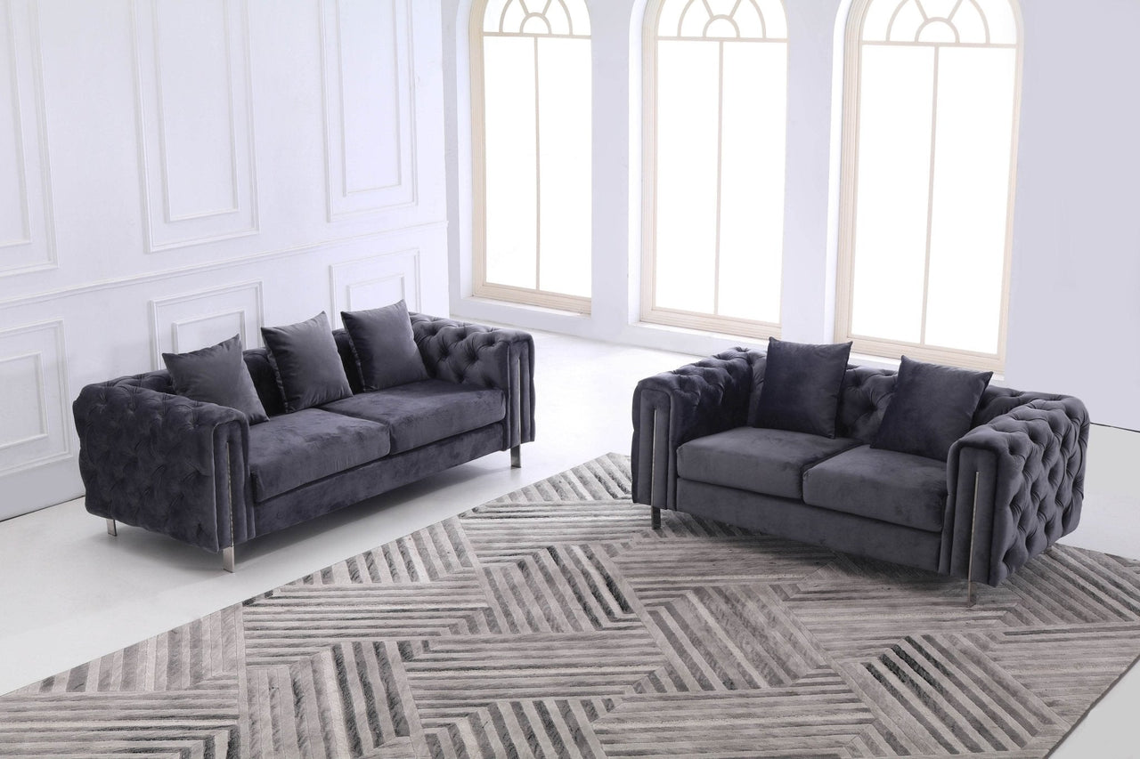 Luxury Dark Grey Velvet Modern Chesterfield Sofa Set with Gold Legs - 3, 2 & 1 Seater Options - UK Luxury Furniture