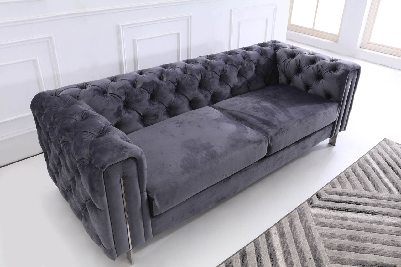Luxury Dark Grey Velvet Modern Chesterfield Sofa Set with Gold Legs - 3, 2 & 1 Seater Options - UK Luxury Furniture