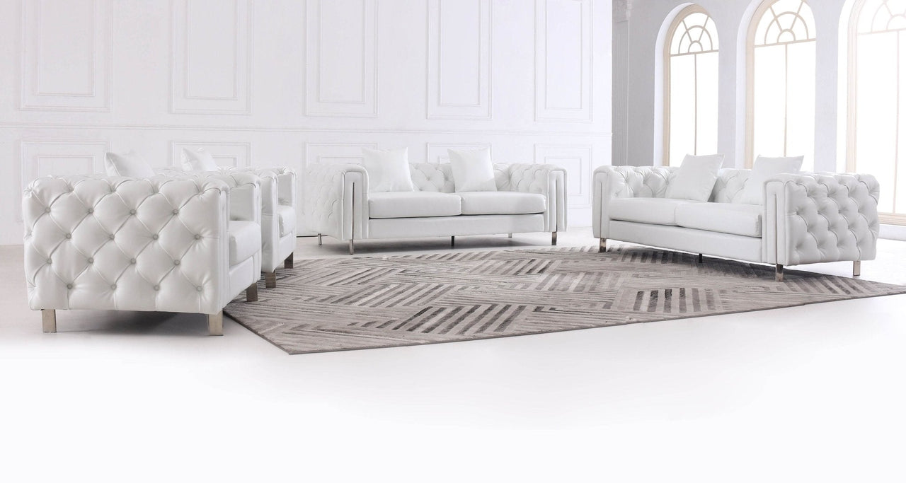 Elegant Modern Chesterfield Sofa Set - Luxury White Leather with Plush Cushions & Gold Legs - UK Luxury Furniture