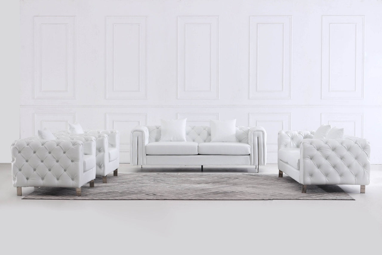 Elegant Modern Chesterfield Sofa Set - Luxury White Leather with Plush Cushions & Gold Legs - UK Luxury Furniture