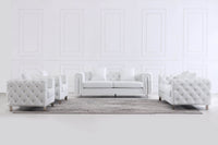 Elegant Modern Chesterfield Sofa Set - Luxury White Leather with Plush Cushions & Gold Legs - UK Luxury Furniture