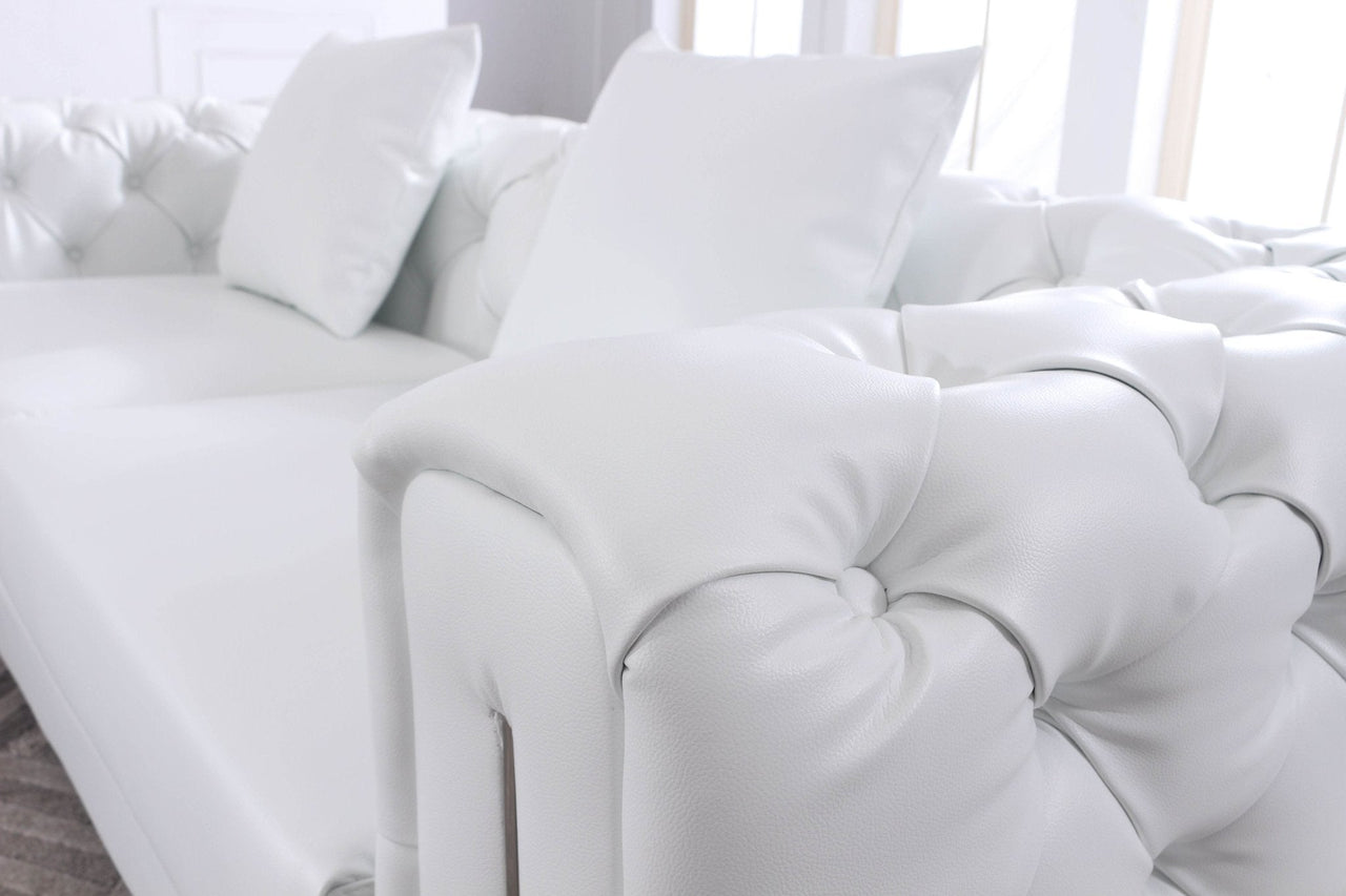 Elegant Modern Chesterfield Sofa Set - Luxury White Leather with Plush Cushions & Gold Legs - UK Luxury Furniture