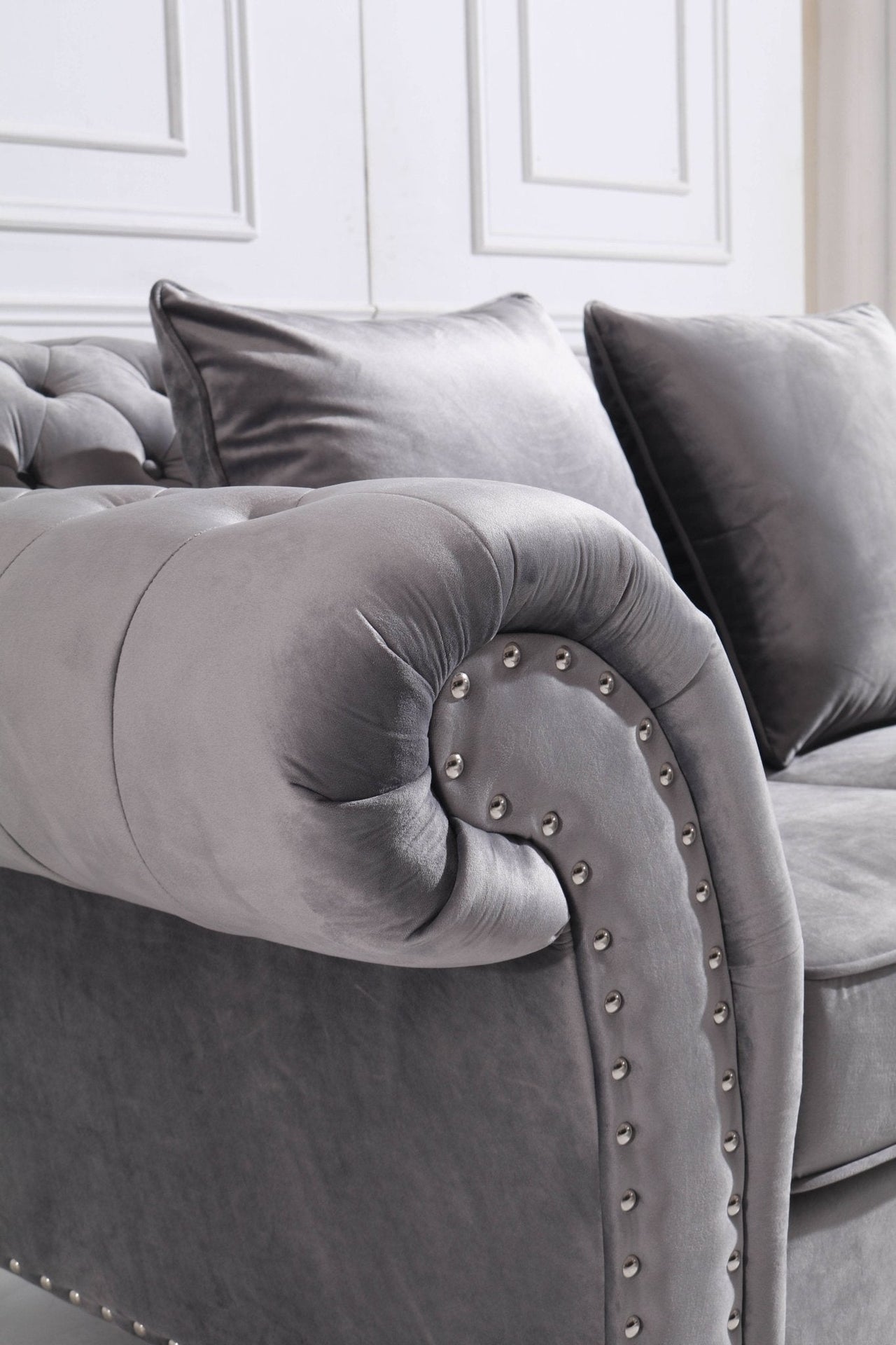 Luxury Chesterfield L-Shaped Corner Sofa in Dark Grey Velvet with Deep Buttoning - UK Luxury Furniture