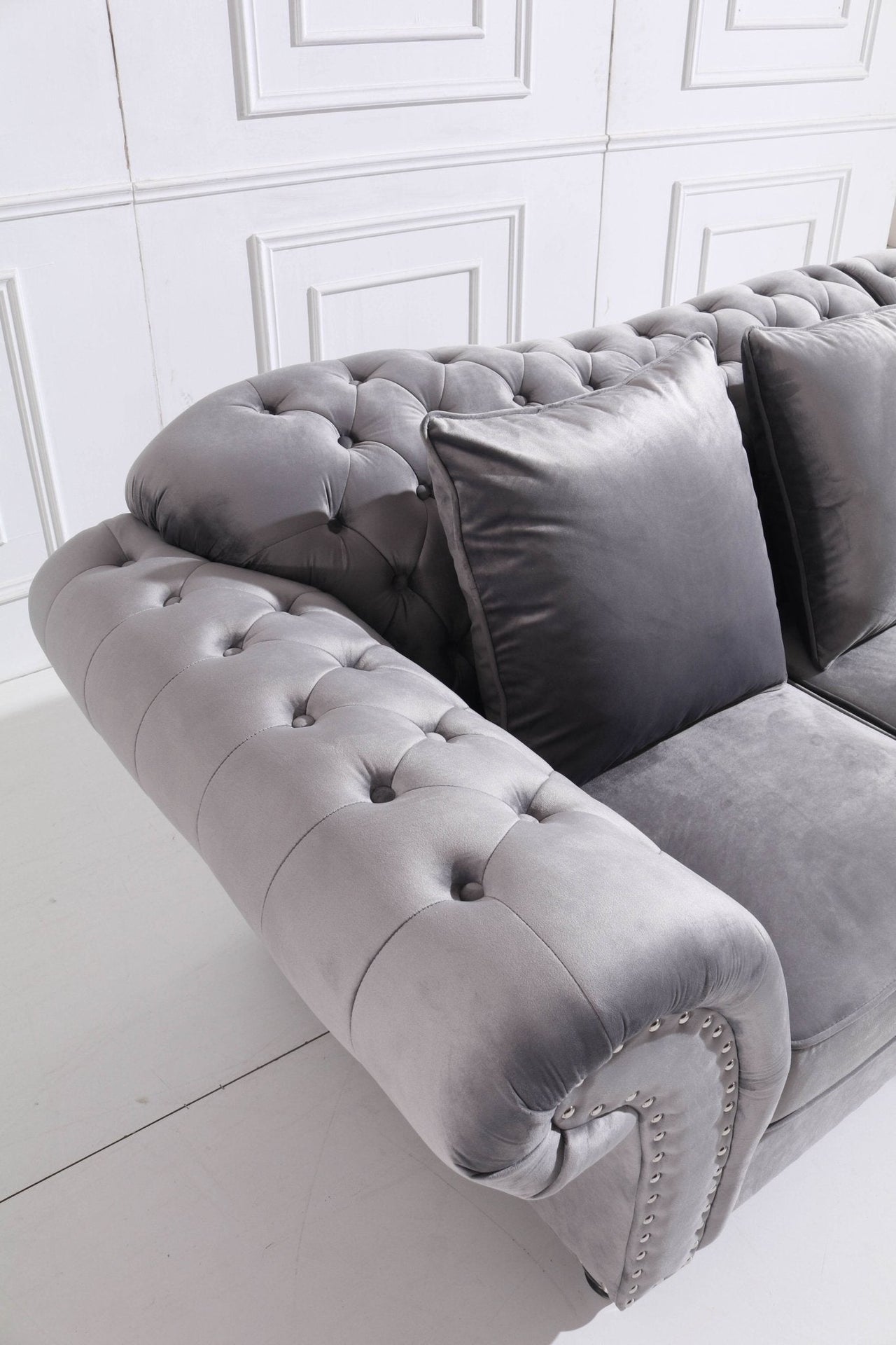 Luxury Chesterfield L-Shaped Corner Sofa in Dark Grey Velvet with Deep Buttoning - UK Luxury Furniture