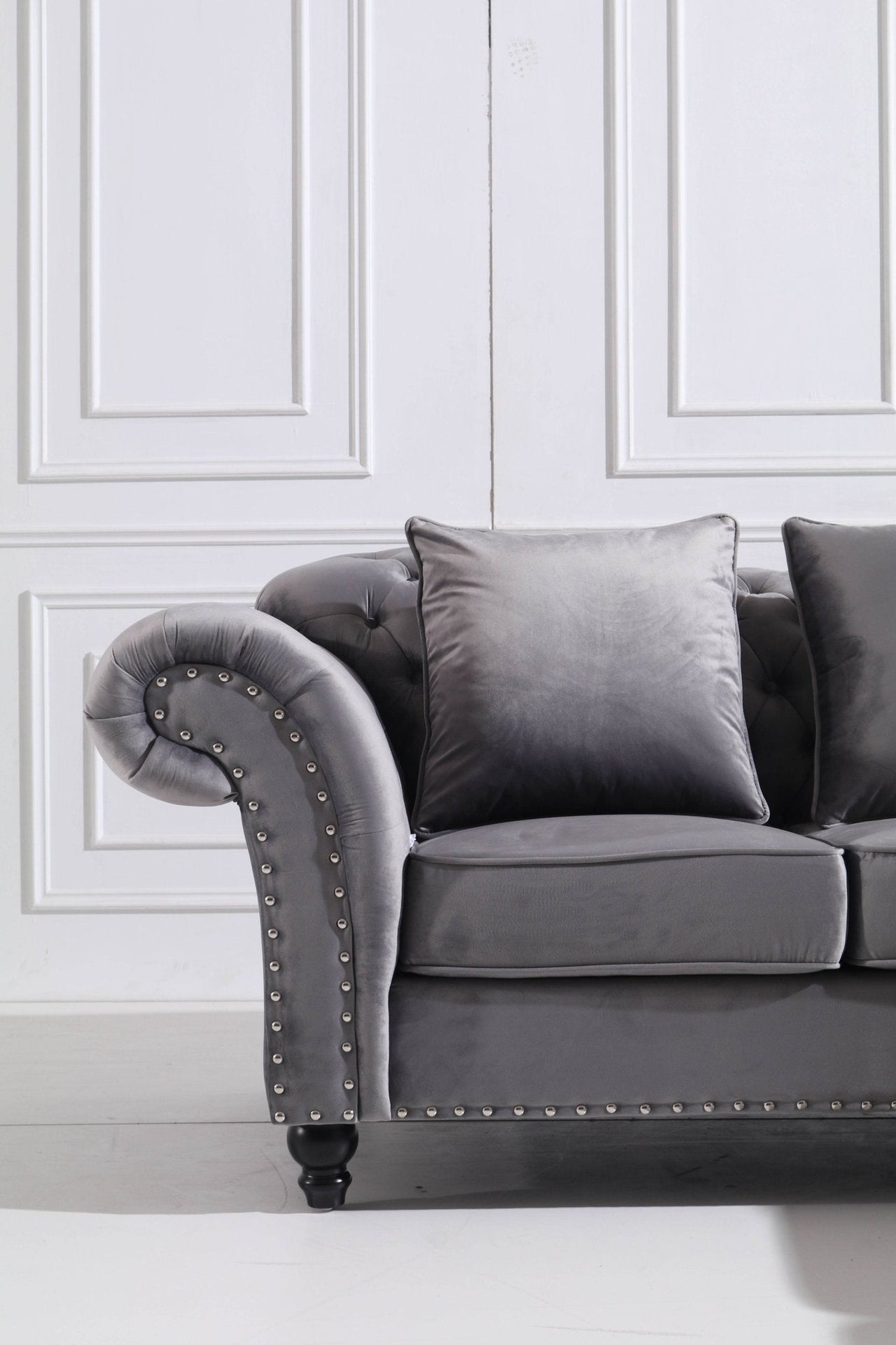 Luxury Chesterfield L-Shaped Corner Sofa in Dark Grey Velvet with Deep Buttoning - UK Luxury Furniture