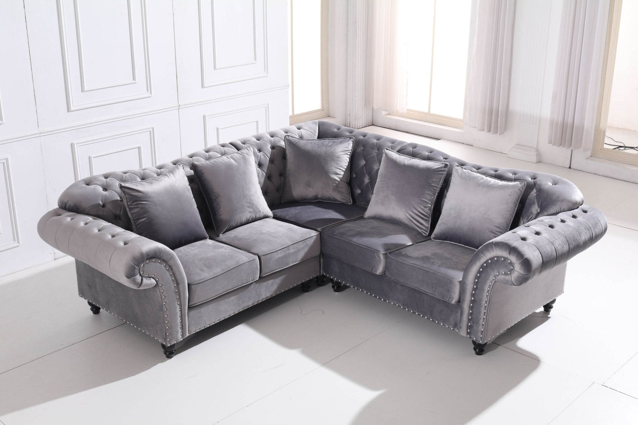 Luxury Chesterfield L-Shaped Corner Sofa in Dark Grey Velvet with Deep Buttoning - UK Luxury Furniture