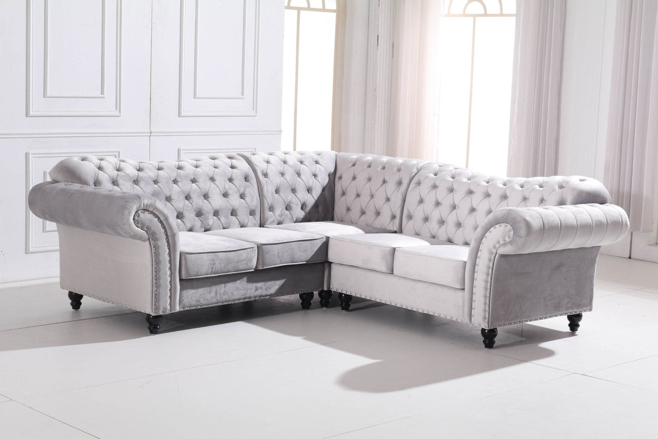 Luxury Light Grey Velvet Chesterfield L Shape Corner Sofa with Classic Styling - UK Luxury Furniture