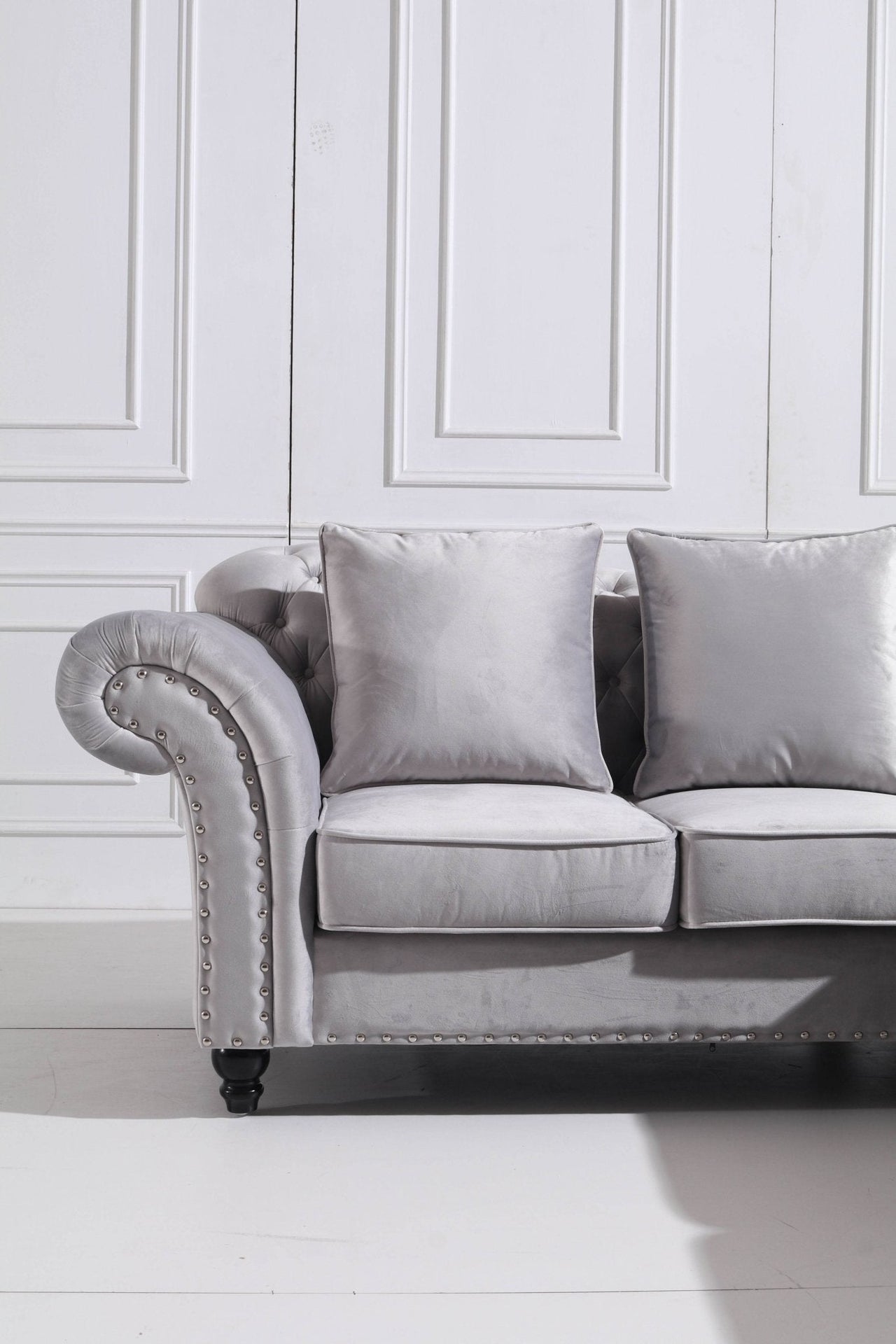 Luxury Light Grey Velvet Chesterfield L Shape Corner Sofa with Classic Styling - UK Luxury Furniture