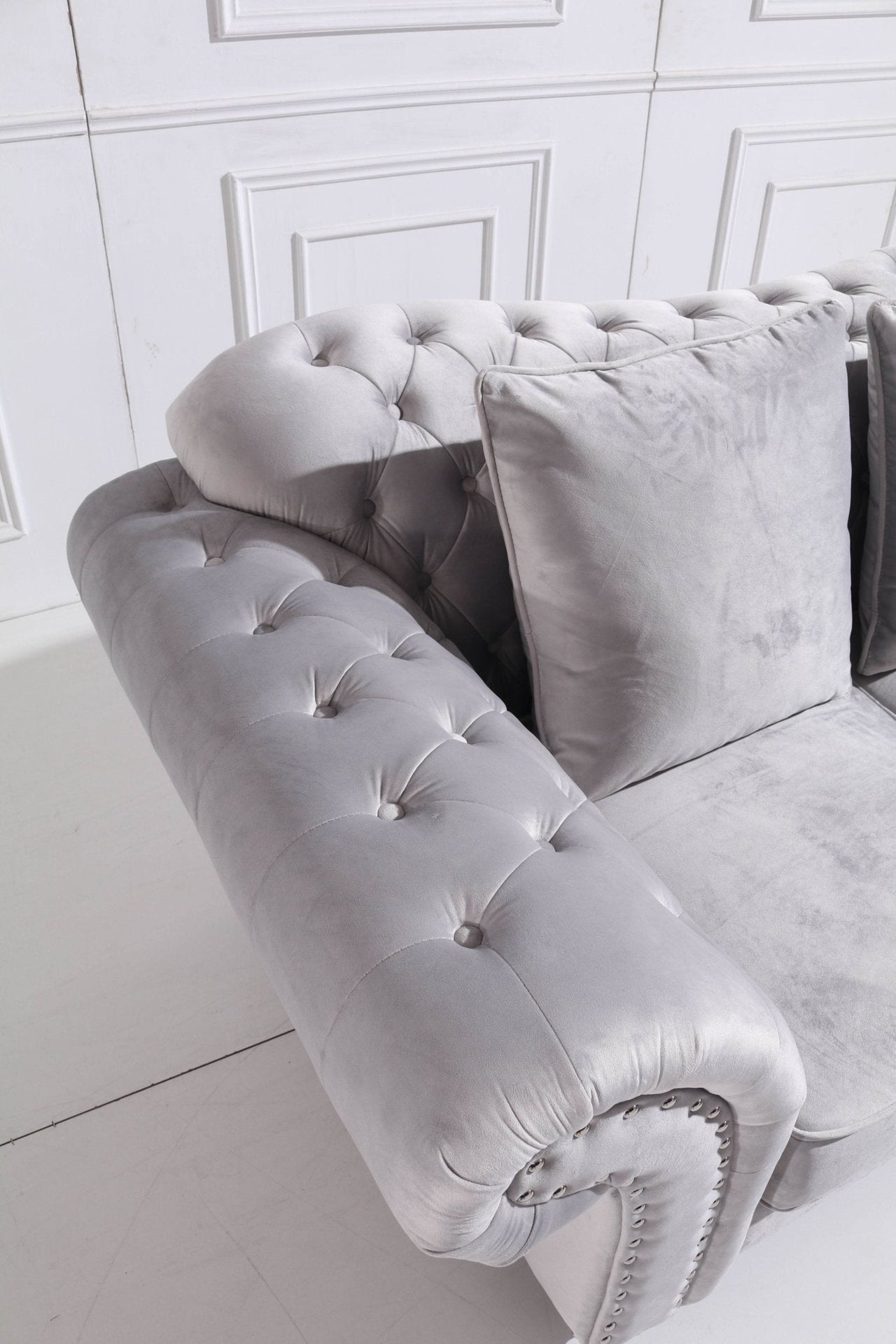Luxury Light Grey Velvet Chesterfield L Shape Corner Sofa with Classic Styling - UK Luxury Furniture