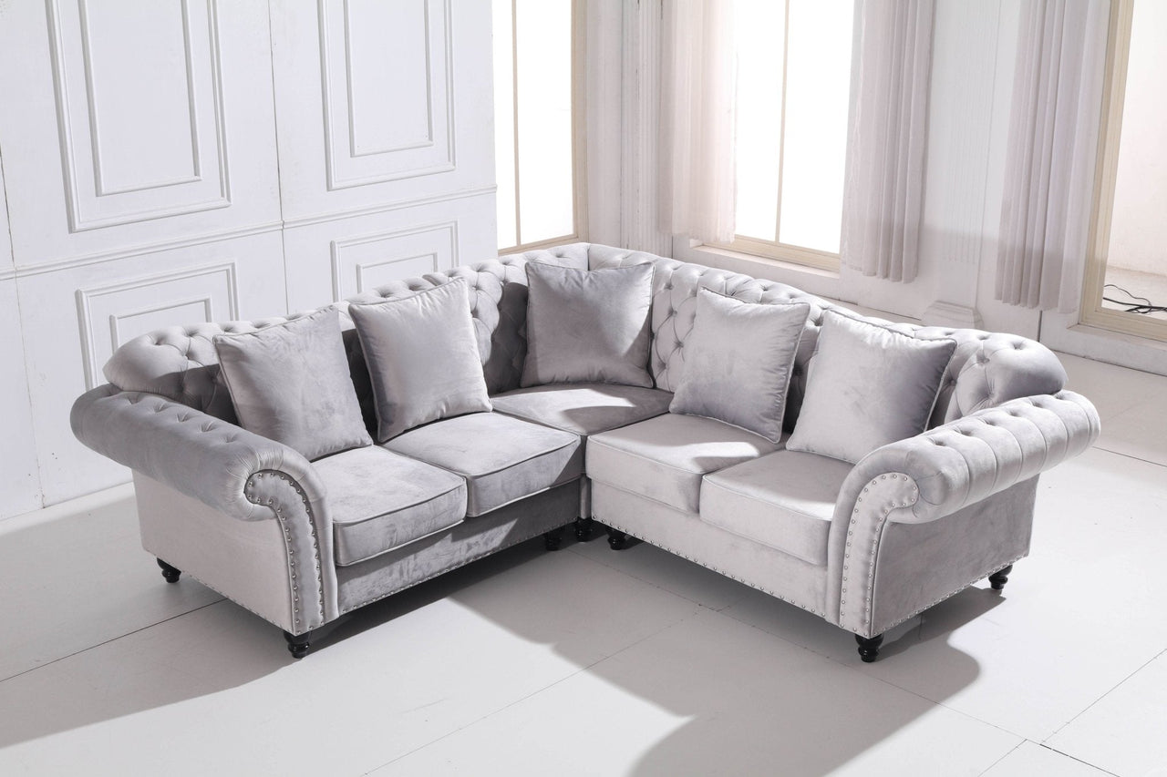 Luxury Light Grey Velvet Chesterfield L Shape Corner Sofa with Classic Styling - UK Luxury Furniture