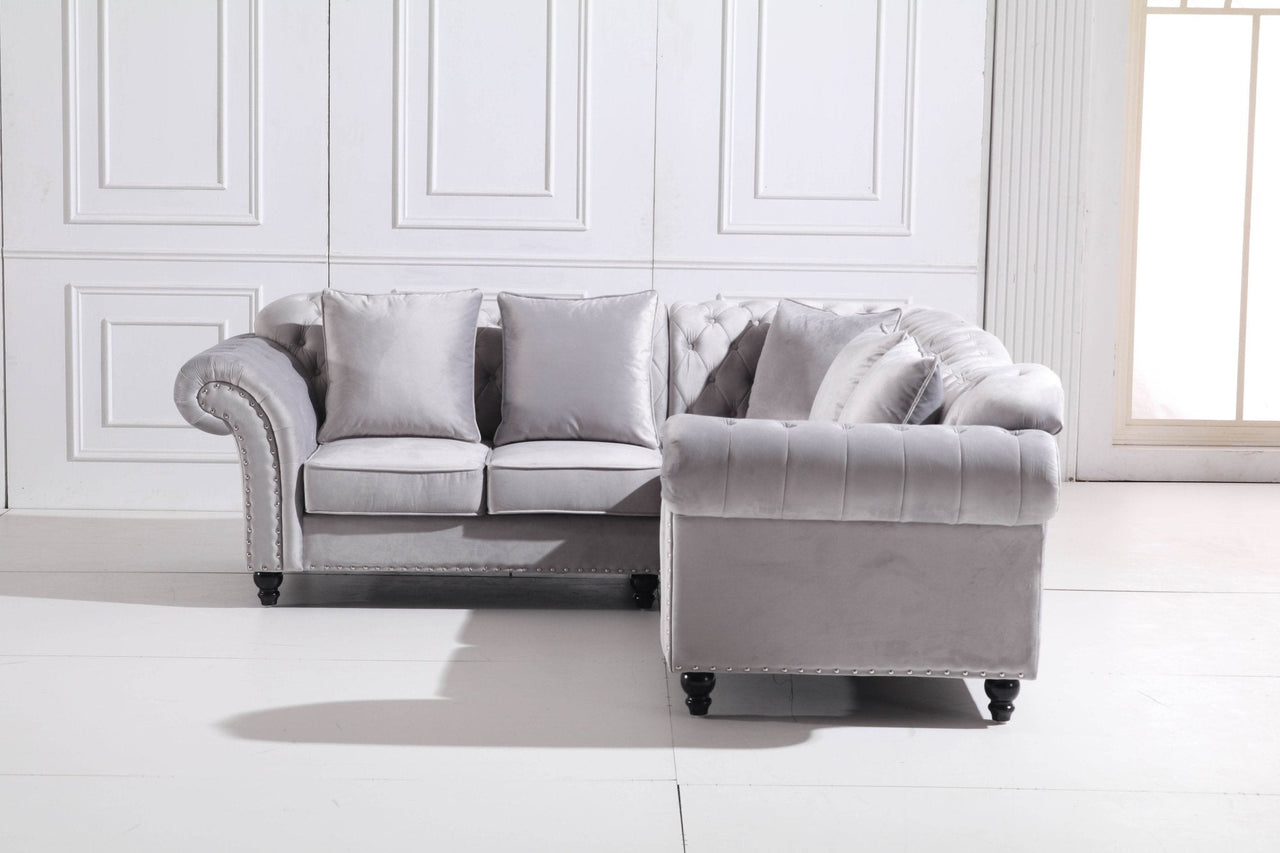 Luxury Light Grey Velvet Chesterfield L Shape Corner Sofa with Classic Styling - UK Luxury Furniture