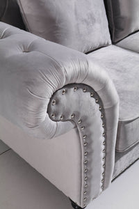 Luxury Light Grey Velvet Chesterfield L Shape Corner Sofa with Classic Styling - UK Luxury Furniture