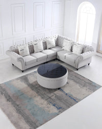 Chesterfield L Shape Corner Sofa in Luxury Stone Grey Fabric with Black Glass Coffee Table - UK Luxury Furniture