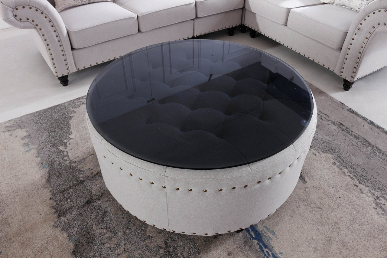Chesterfield L Shape Corner Sofa in Luxury Stone Grey Fabric with Black Glass Coffee Table - UK Luxury Furniture
