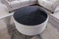 Chesterfield L Shape Corner Sofa in Luxury Stone Grey Fabric with Black Glass Coffee Table - UK Luxury Furniture
