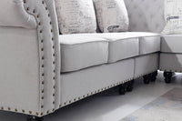 Chesterfield L Shape Corner Sofa in Luxury Stone Grey Fabric with Black Glass Coffee Table - UK Luxury Furniture