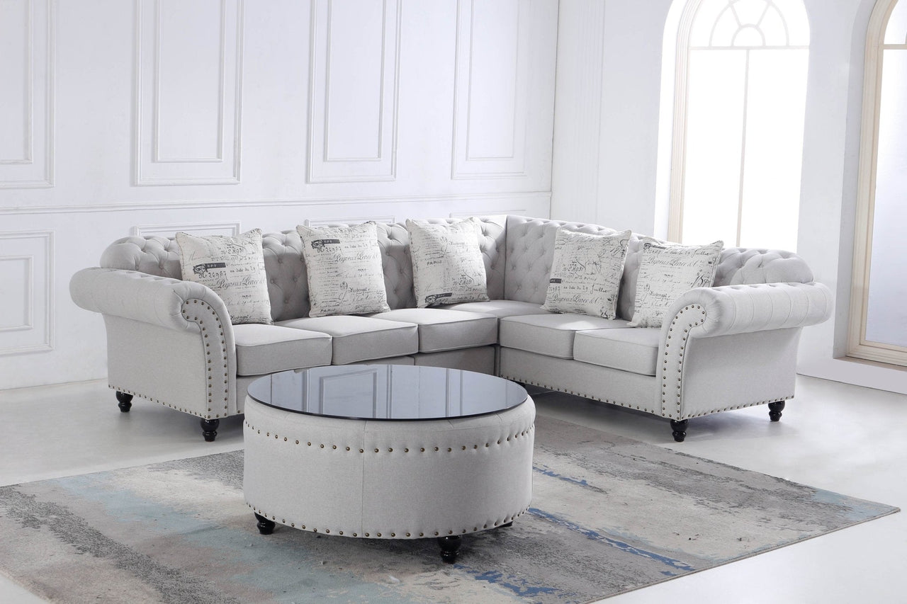 Chesterfield L Shape Corner Sofa in Luxury Stone Grey Fabric with Black Glass Coffee Table - UK Luxury Furniture