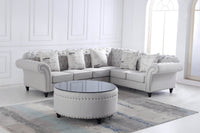 Chesterfield L Shape Corner Sofa in Luxury Stone Grey Fabric with Black Glass Coffee Table - UK Luxury Furniture