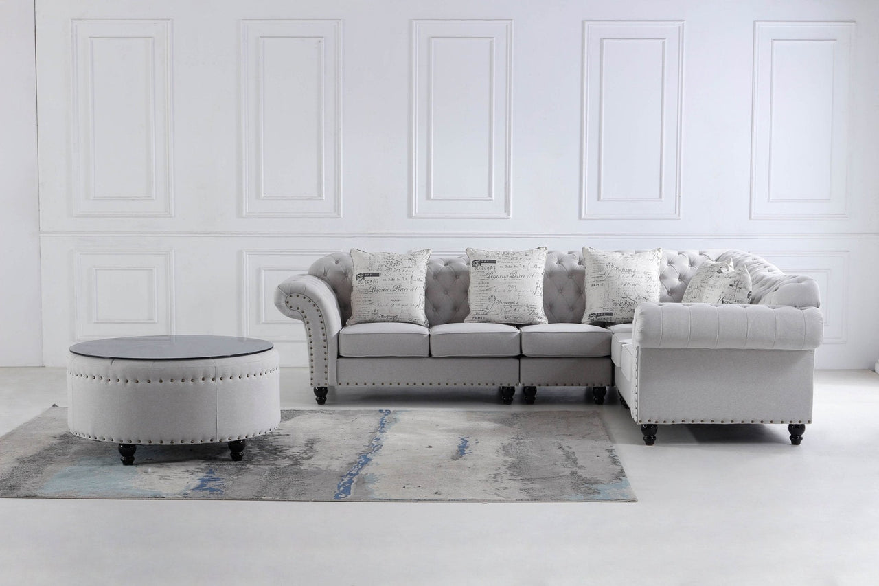 Chesterfield L Shape Corner Sofa in Luxury Stone Grey Fabric with Black Glass Coffee Table - UK Luxury Furniture
