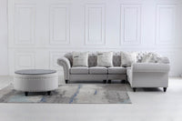 Chesterfield L Shape Corner Sofa in Luxury Stone Grey Fabric with Black Glass Coffee Table - UK Luxury Furniture