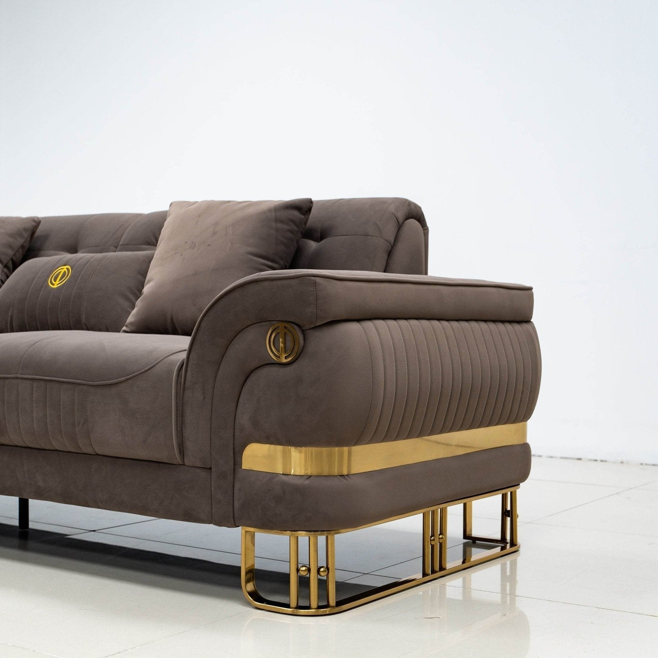Tokyo Modern Luxury Sofa Set in Brown Velvet with Gold Accents & Plush Cushions - UK Luxury Furniture