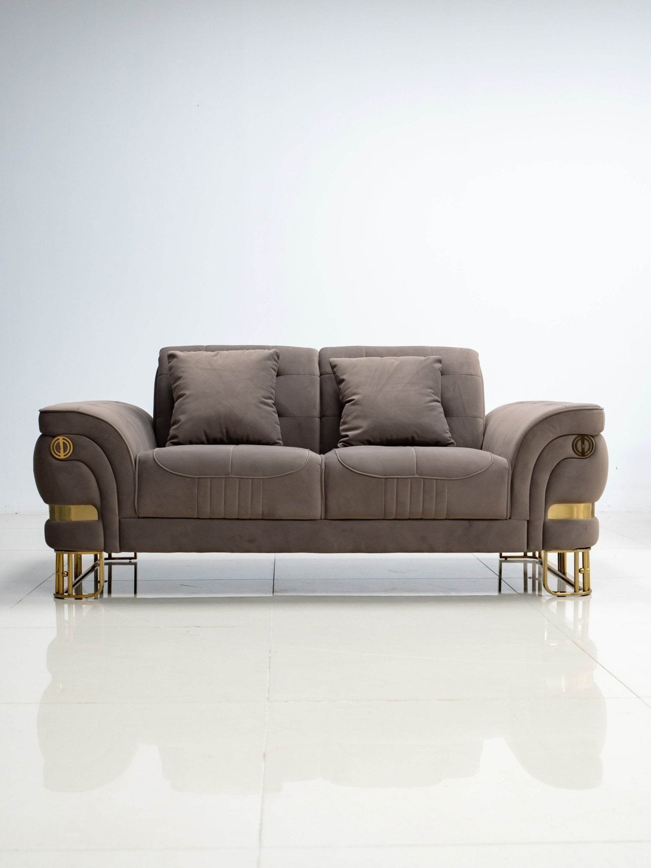 Tokyo Modern Luxury Sofa Set in Brown Velvet with Gold Accents & Plush Cushions - UK Luxury Furniture