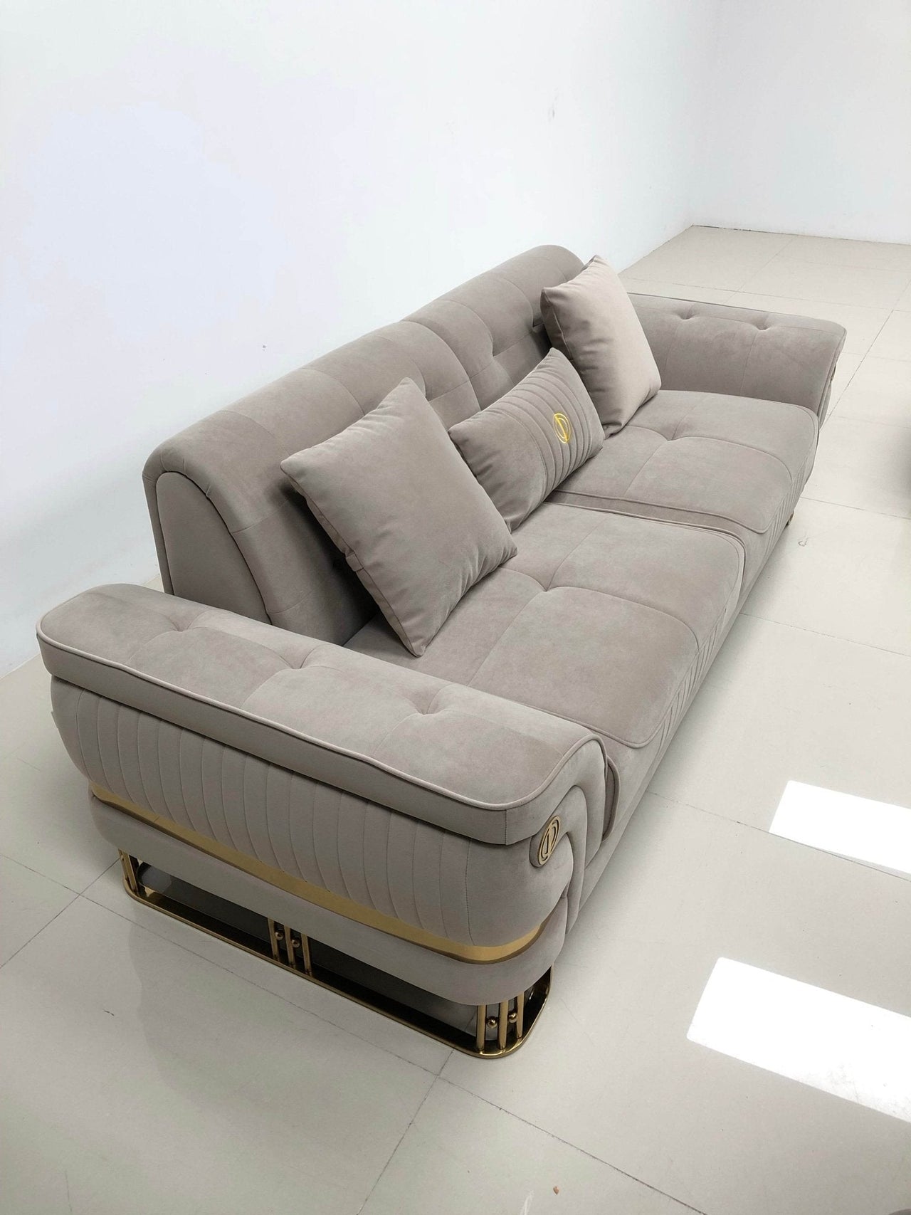 Tokyo Modern Sofa Set in Luxurious Cream Velvet with Gold Accents and Plush Cushions - UK Luxury Furniture