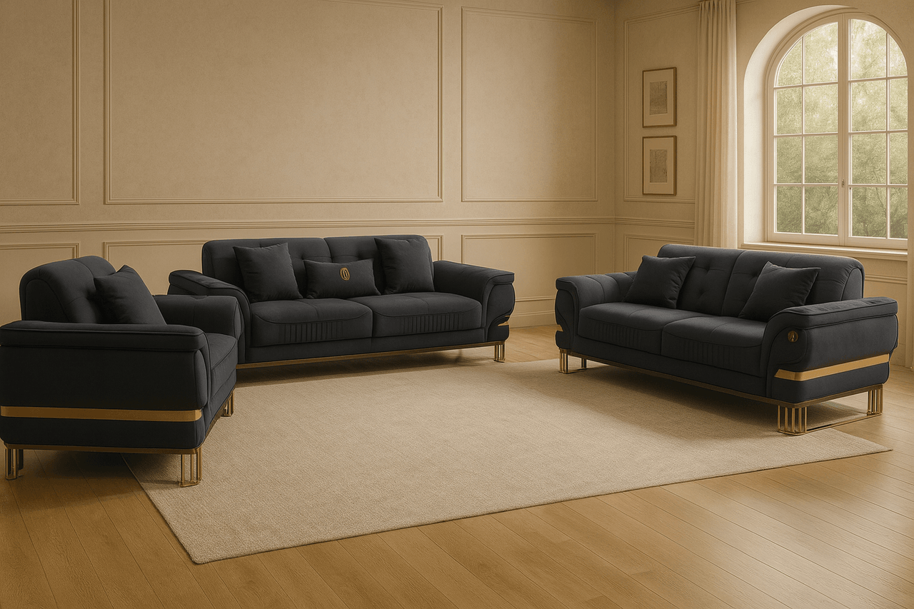 Luxury Grey Velvet Tokyo Modern 3 Seater Sofa Set with Gold Accents and Plush Cushions - UK Luxury Furniture