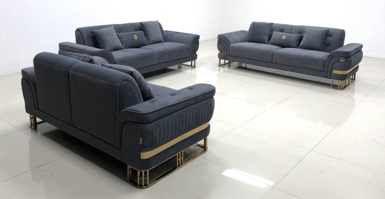 Luxury Grey Velvet Tokyo Modern 3 Seater Sofa Set with Gold Accents and Plush Cushions - UK Luxury Furniture
