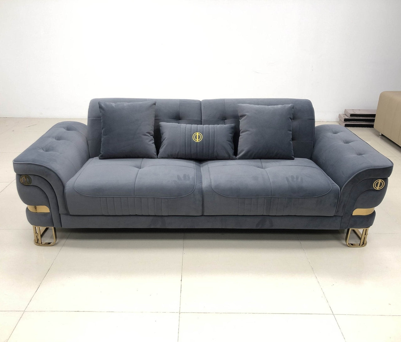 Luxury Grey Velvet Tokyo Modern 3 Seater Sofa Set with Gold Accents and Plush Cushions - UK Luxury Furniture