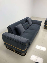 Luxury Grey Velvet Tokyo Modern 3 Seater Sofa Set with Gold Accents and Plush Cushions - UK Luxury Furniture