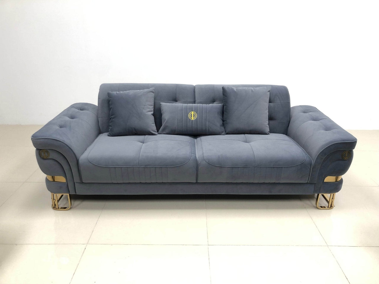 Luxury Grey Velvet Tokyo Modern 3 Seater Sofa Set with Gold Accents and Plush Cushions - UK Luxury Furniture