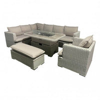 Nicol 6-Piece Steel & Rattan Outdoor Sofa Set with Fire Pit Table and Ice Bucket - Beige - UK Luxury Furniture