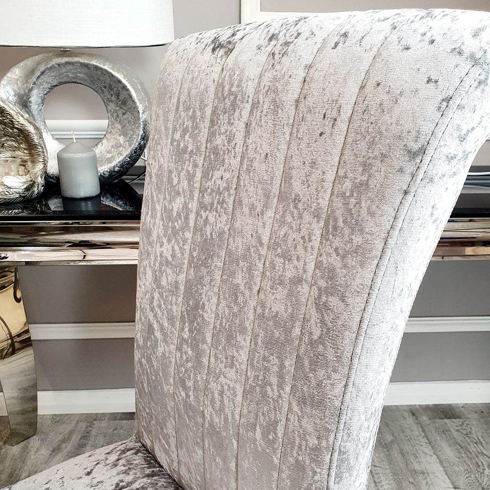 Nicole Luxury Dining Chair - High Scroll Back, Chrome Legs, Leather & Velvet Options - UK Luxury Furniture