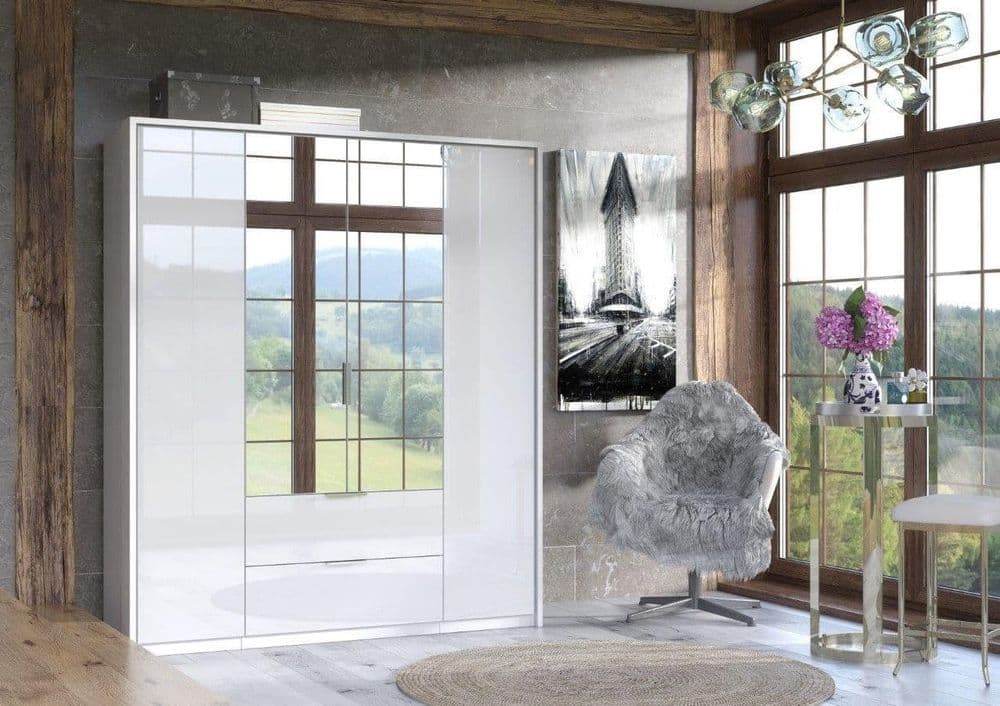 Rado 4-Door 2-Drawer White High Gloss Mirrored Wardrobe with Ample Storage - UK Luxury Furniture