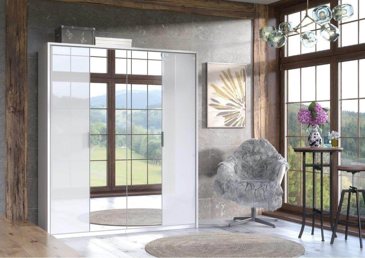 Rado 4-Door White High Gloss Mirrored Wardrobe: Ample Storage, Modern Design - UK Luxury Furniture