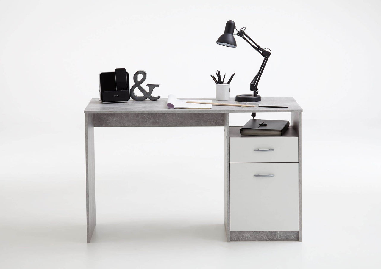 Rami Modern Grey and White Office Desk with Storage, Drawer, and Door - UK Luxury Furniture