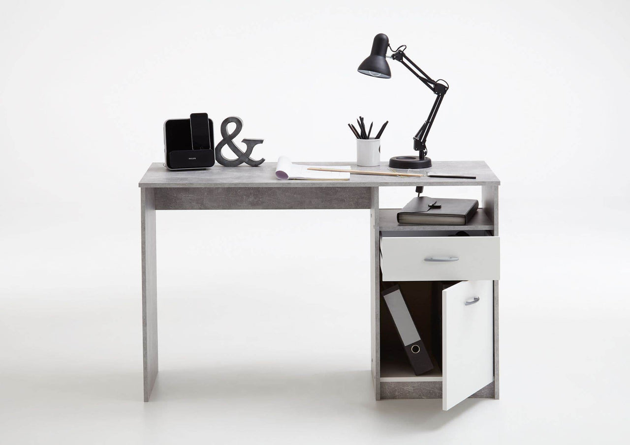 Rami Modern Grey and White Office Desk with Storage, Drawer, and Door - UK Luxury Furniture