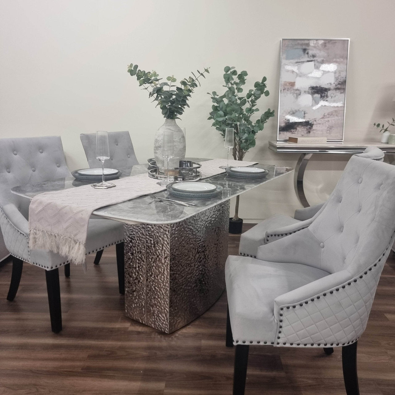 Roma Dining Table with Stunning Marble Top on Hammered Metal Base - Available in White & Crystal Grey - UK Luxury Furniture