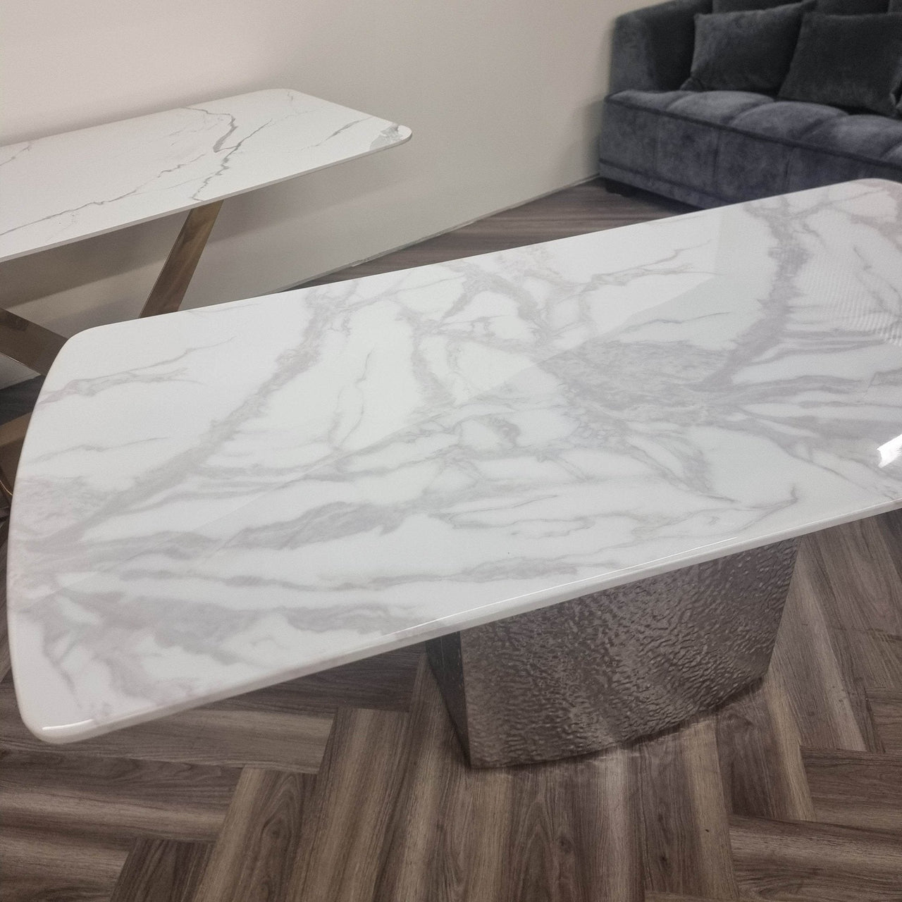 Roma Dining Table with Stunning Marble Top on Hammered Metal Base - Available in White & Crystal Grey - UK Luxury Furniture