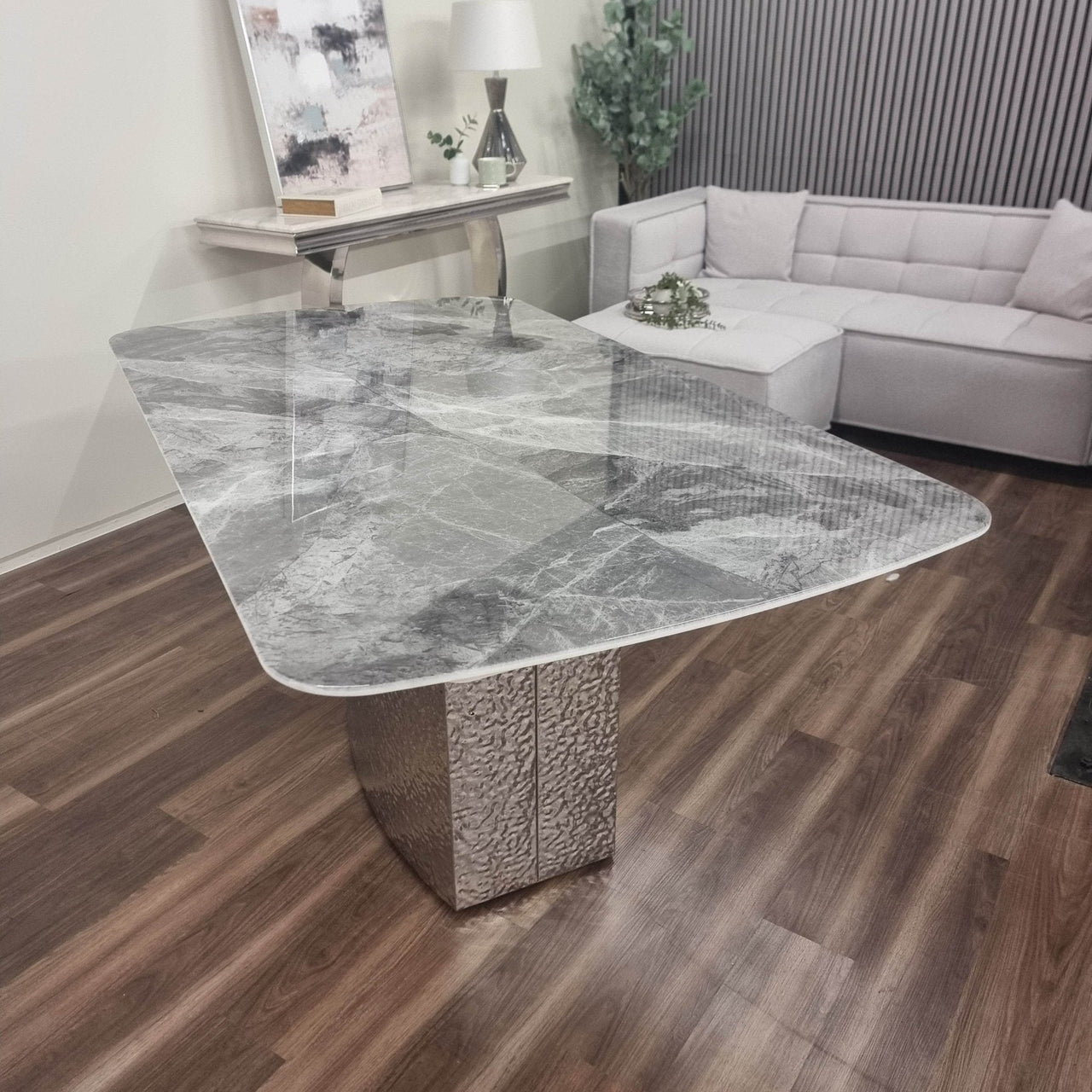 Roma Dining Table with Stunning Marble Top on Hammered Metal Base - Available in White & Crystal Grey - UK Luxury Furniture