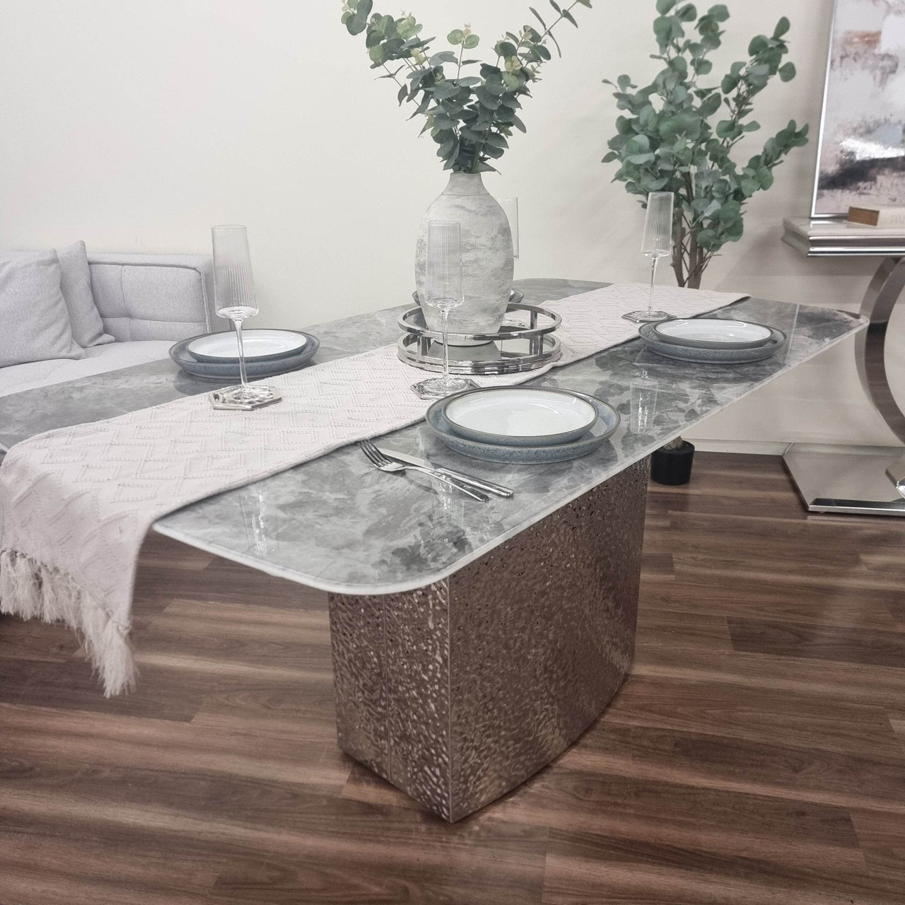 Roma Dining Table with Stunning Marble Top on Hammered Metal Base - Available in White & Crystal Grey - UK Luxury Furniture