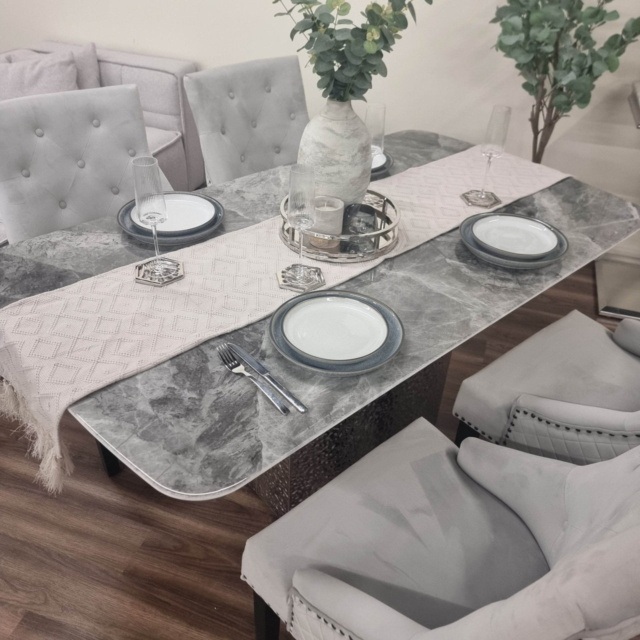 Roma Dining Table with Stunning Marble Top on Hammered Metal Base - Available in White & Crystal Grey - UK Luxury Furniture