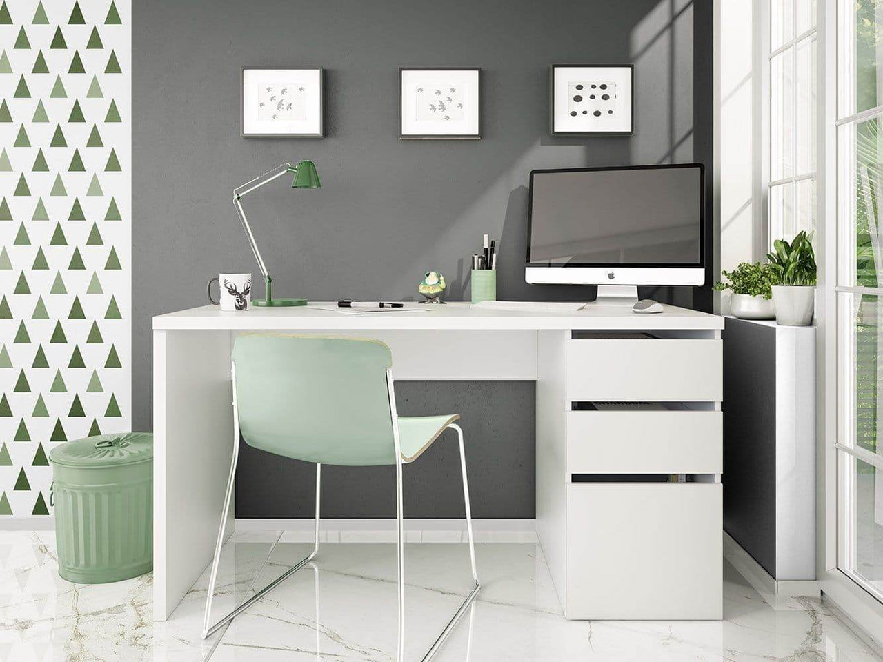 Sacramento Arctic White Modern Home Office Computer Desk with Storage - UK Luxury Furniture