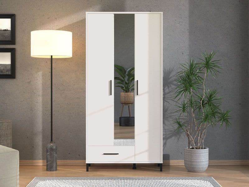Saltbay White Tall Shallow Depth Hallway Mirrored Wardrobe with Three Doors and Six Shelves - UK Luxury Furniture
