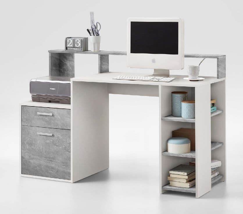 Sansa White and Grey Desk with Hutch: Modern Home Office Workstation with Storage - UK Luxury Furniture