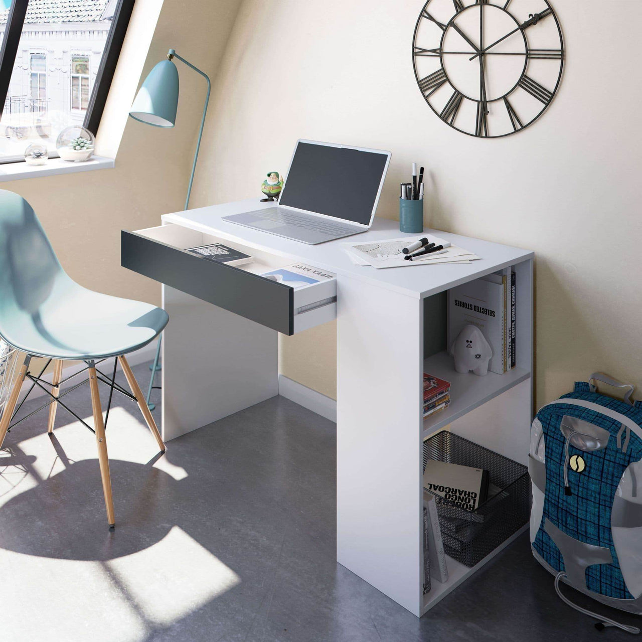Sesko Grey and White Modern Home Office Desk with Drawer and Storage Shelves - UK Luxury Furniture