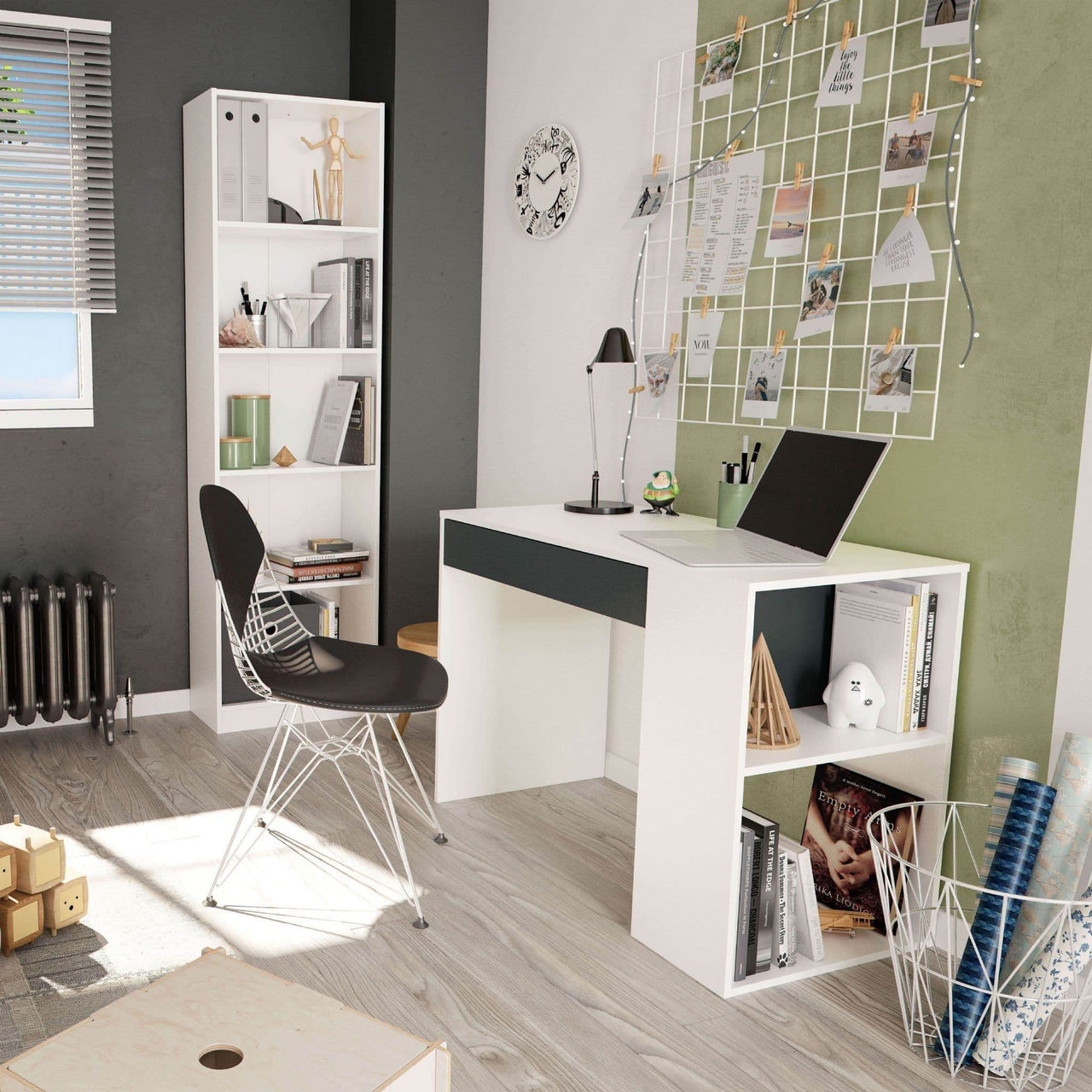 Sesko Grey and White Modern Home Office Desk with Drawer and Storage Shelves - UK Luxury Furniture