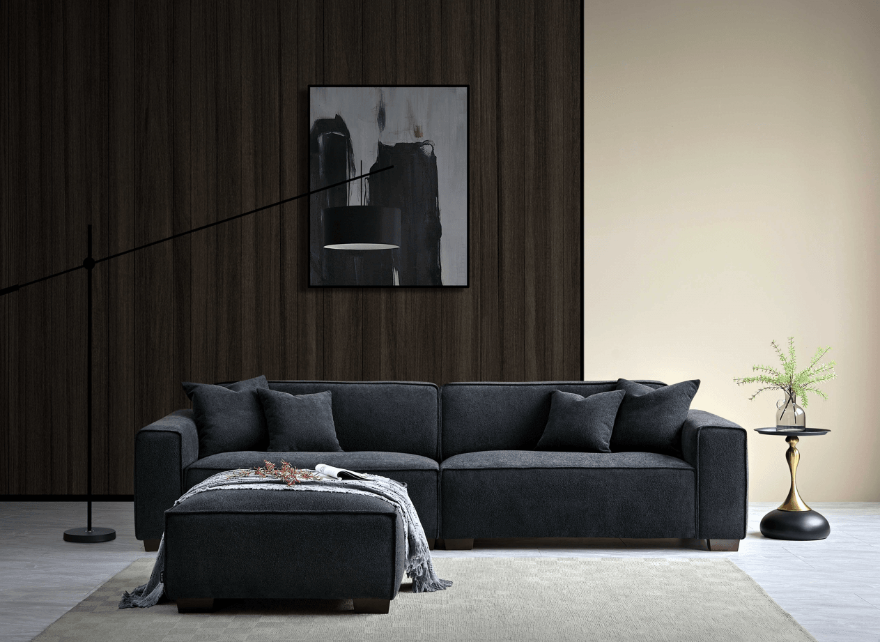 Aluxo Dakota Chaise Sofa - Midnight Boucle, Duck Feather Padding & Minimalist Design - UK Luxury Furniture