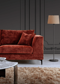 Aluxo Lenox Mid-Century Modern Sofa in Rust Velvet with Plush Cushions and Wooden Plinth - UK Luxury Furniture